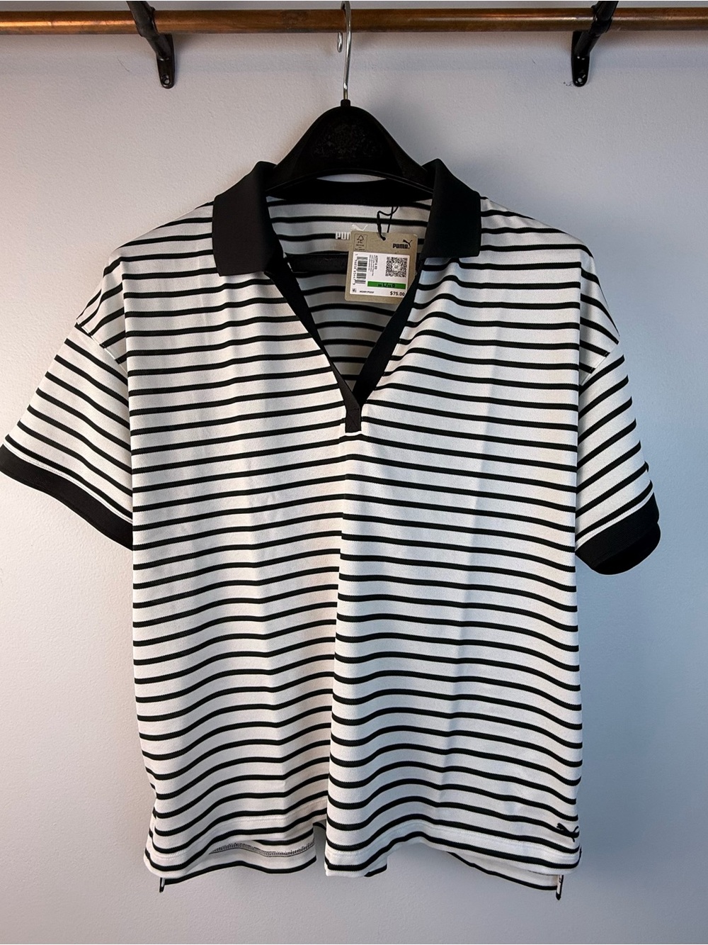 PUMA Women’s Black White Striped Knit Golf Polo Shirt Short Sleeve Logo, Size L